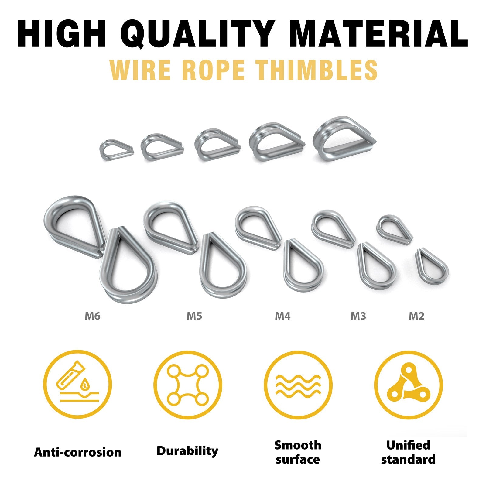 50Pcs Stainless Steel Wire Rope Thimbles - M5 Size For 3/16" Cable, 304 Grade, Polished Finish