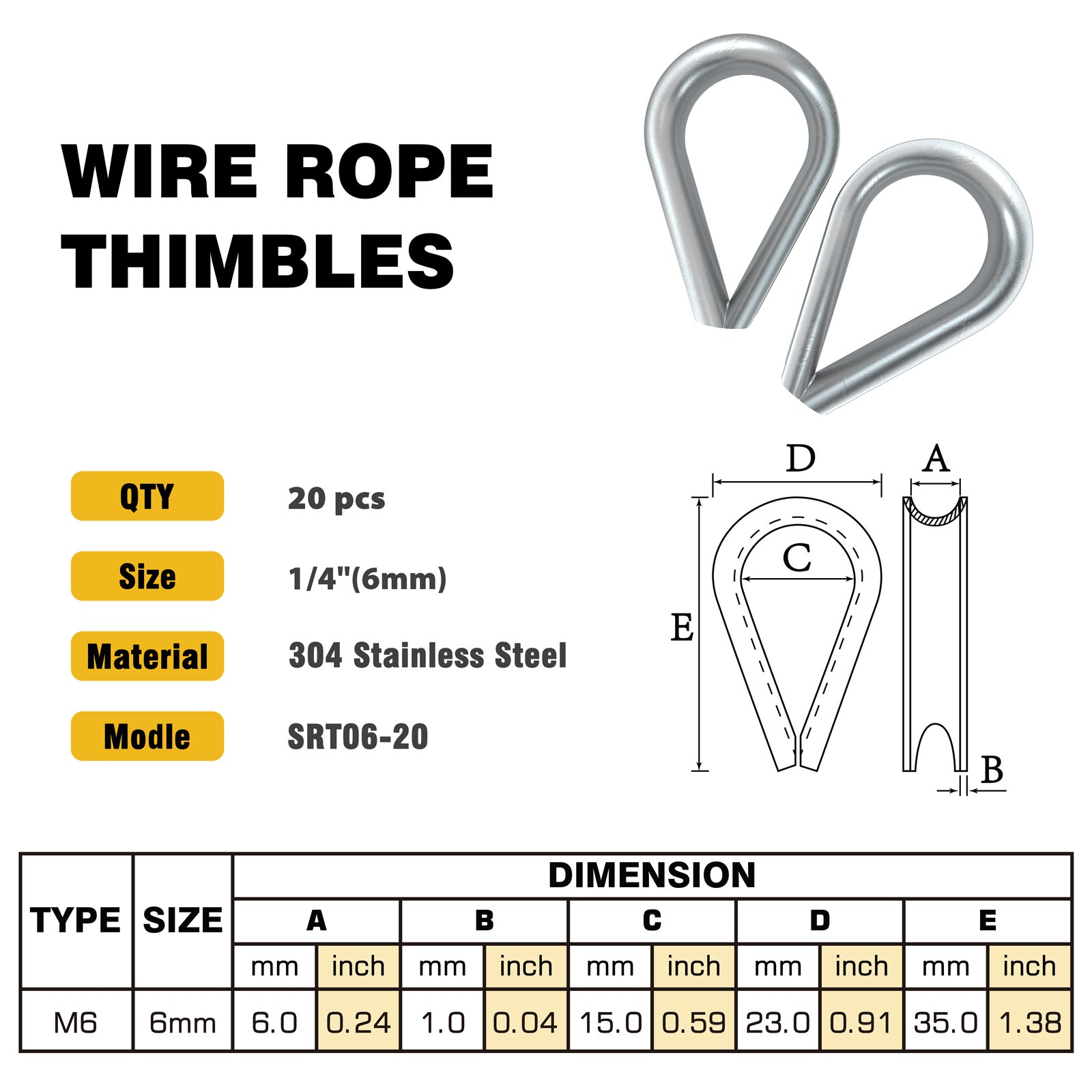 M6 Stainless Steel Thimble, 20 Pack Wire Rope Thimbles For 1 4 Wire Rope 288355 - View #6