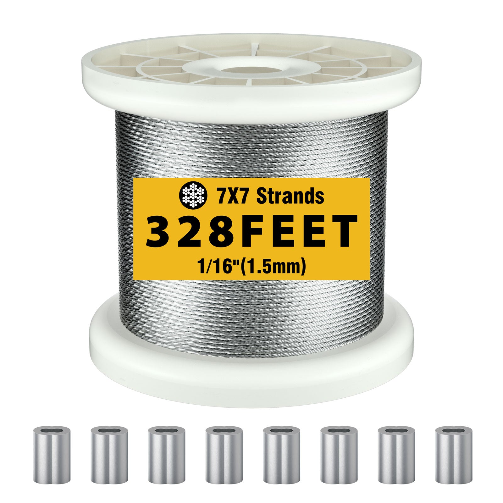 REKOBON Wire Rope 1/16 Wire Rope Stainless Steel 304 Wire Cable 328ft Length Aircraft Cable with 100pcs Sleeves Stops 7x7 Strand Core 368 lbs Breaking