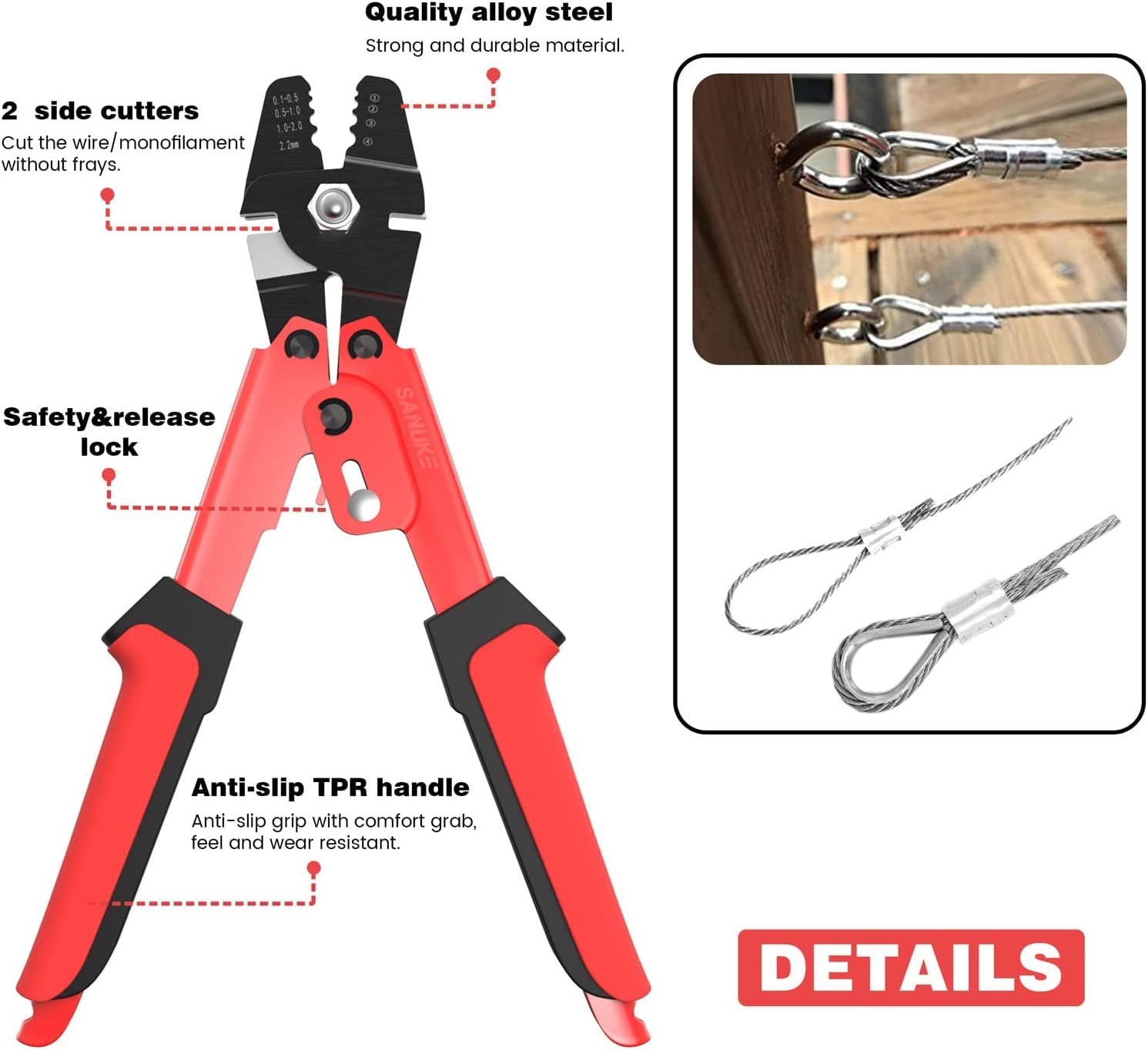 Wire Rope Crimping Tool – Swager Crimper Pliers With 4 Sleeve Sizes (0.1-2.2mm), Side Cutter Up To 2.0mm, Safety Lock, Rubber Grip, For Fishing, Rigging, Construction, Maintenance